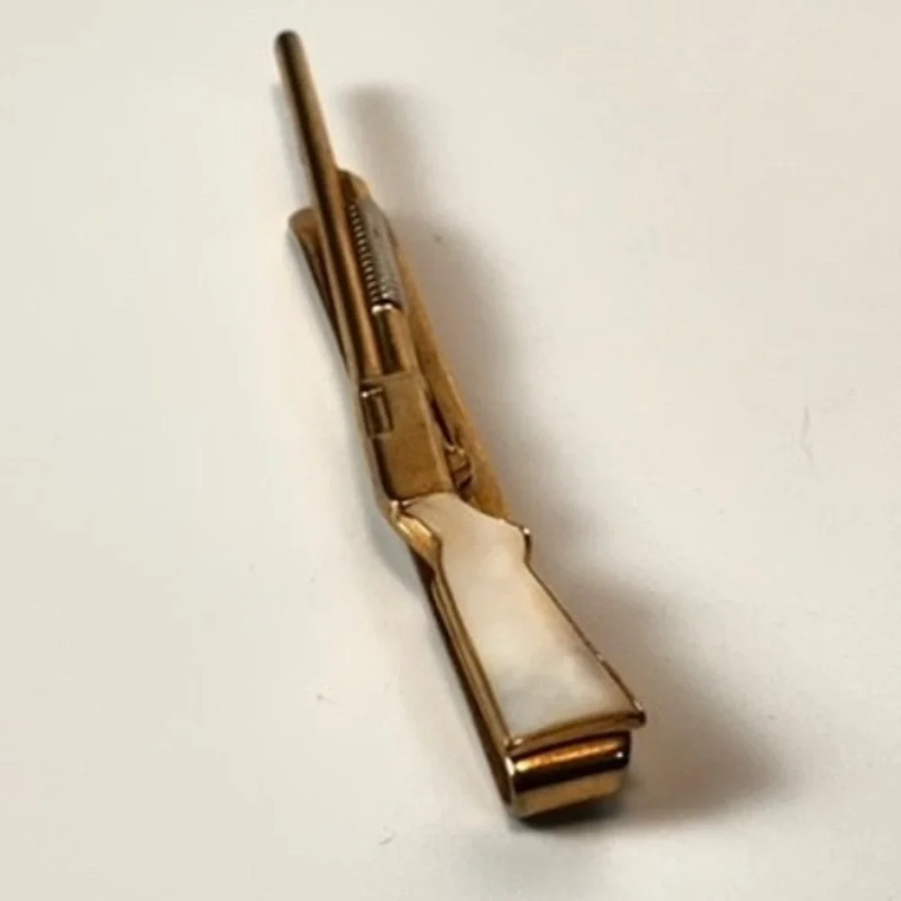 Vintage Rifle Tie Clip Gold Tone Mother of Pearl Inlay Western Goth Boho Chic